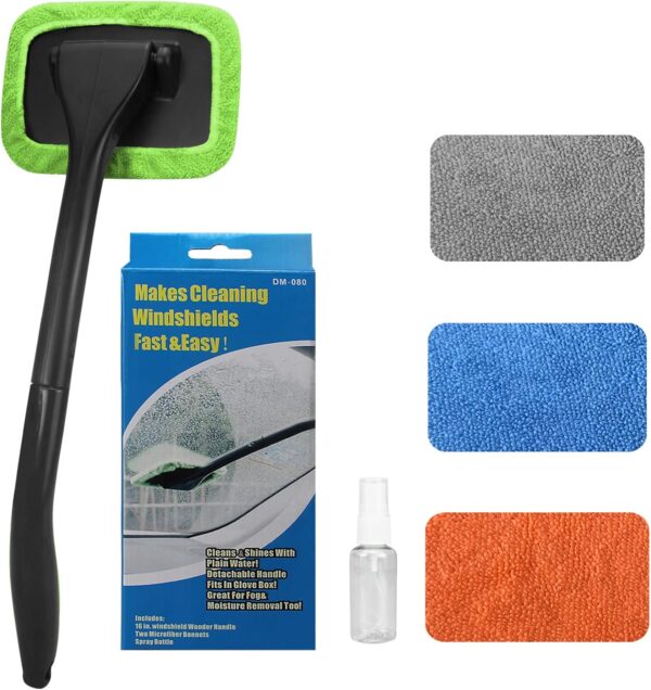 Car Windshield Cleaning Tool, Windshield Cleaner with 4 Washable and Reusable Microfiber Pads and Extendable Handle, for Auto Glass Wiper